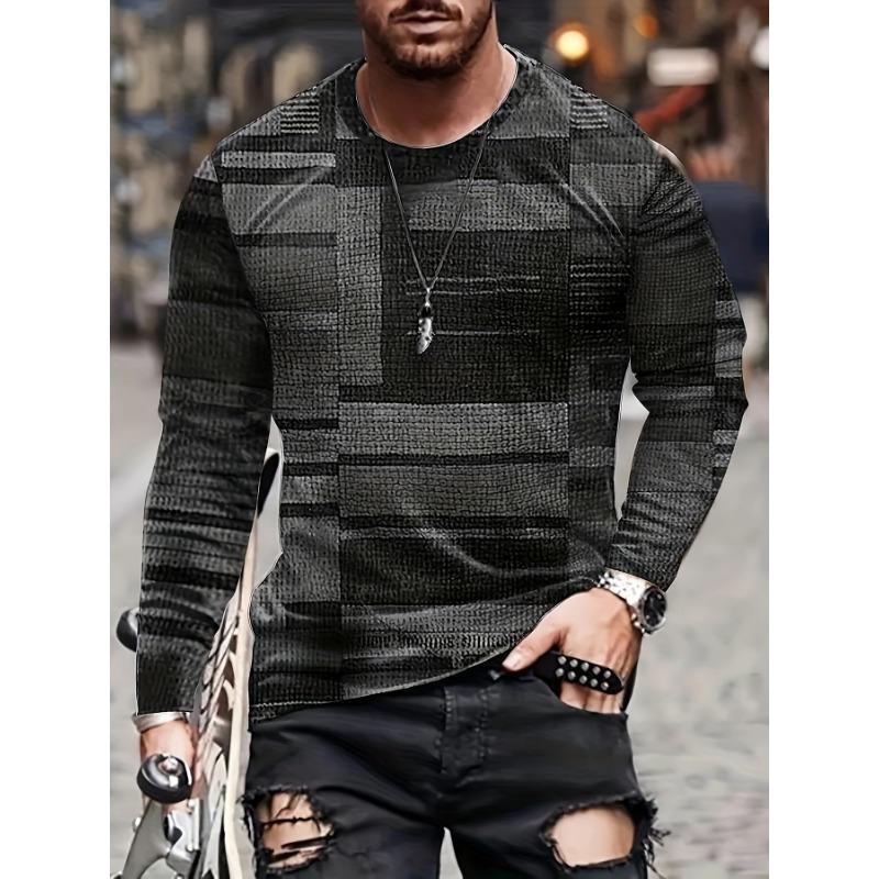 Men's Colorful Irregular Grid Pattern Round Neck Long Sleeved T-shirt