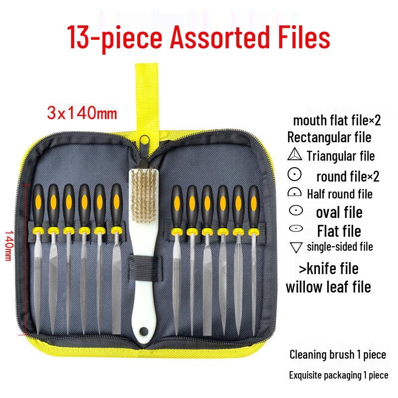 

Набір металевих сталевих напилків з 19 предметів: Включає плоскі, трикутні та напівкруглі напилки для шліфування заліза