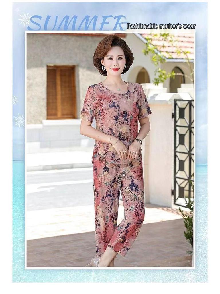 Ice Silk Summer Fashion Suit for Elderly Women - Short Sleeve Grandma's Casual Attire