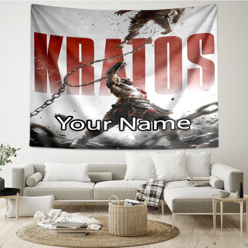 Custom Name God of War Print Tapestry, Backdrop, Easy Setup, Ideal for Bedroom, Office & Living Room, with Aesthetic Wall Hanging Decor.