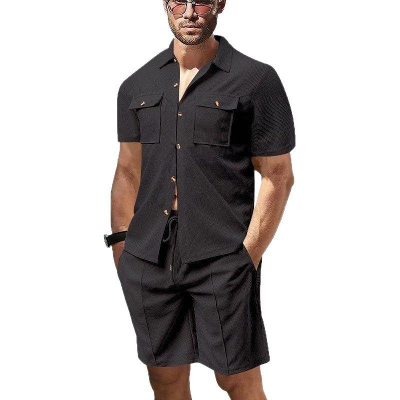 Summer Casual Men Waffle Solid Color Double Pocket Cardigan Short-sleeved Daily Shirt Shorts Set