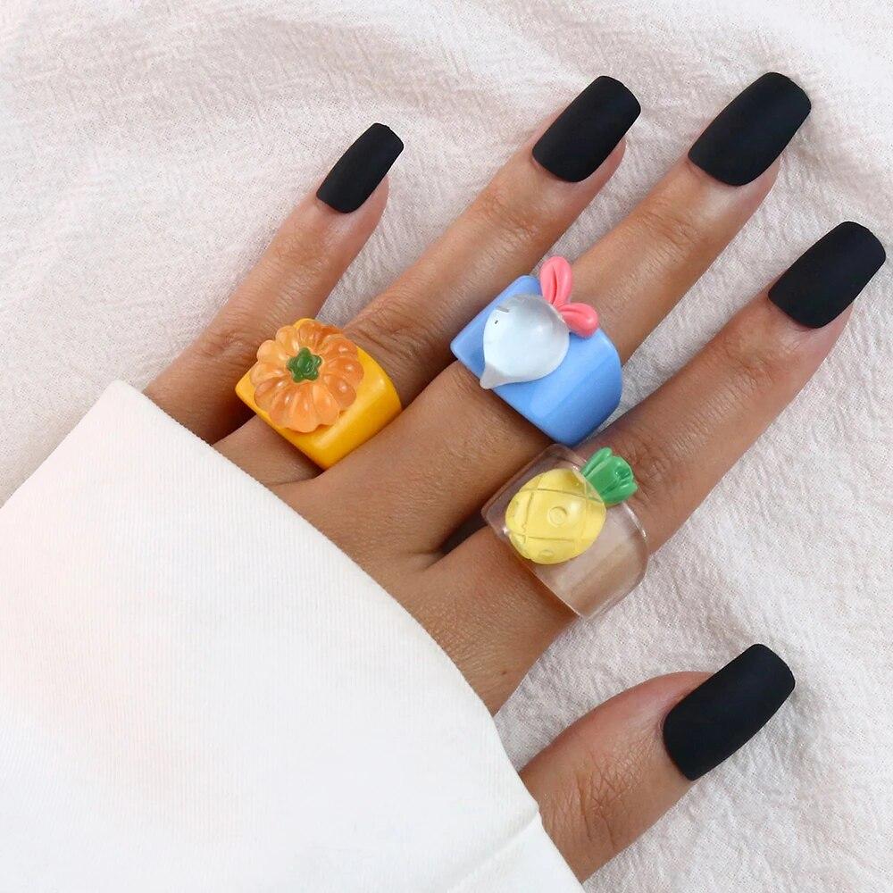Cartoon Fruit Ring Women Fashion Korean Cute Animal Resin Acrylic Ring Set Christmas Birthday Party Gift Jewelry for Female Girl
