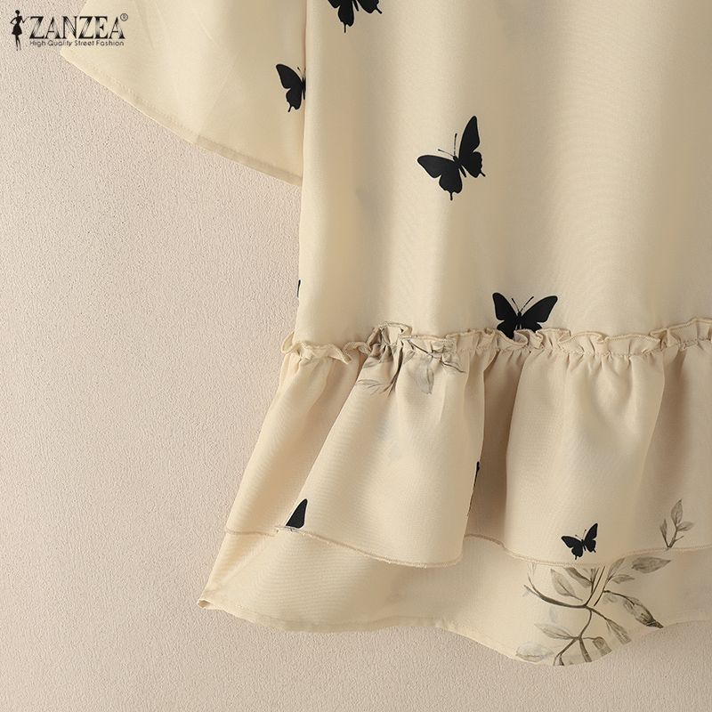 ZANZEA Women Casual Round Neck Loose Short Sleeve Print Blouse
