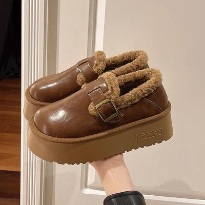 Jauni ziemas sieviešu apavi Boken apavi Plīša modes Retro pupiņu apavi Kokvilnas sieviešu čības ar plakanu zoli Platformas sieviešu zābaki