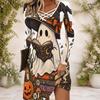 Women Criss Cross V Neck Long Sleeve Printed Dress Halloween Pumpkin Mushroom Fitted Curved Hem
