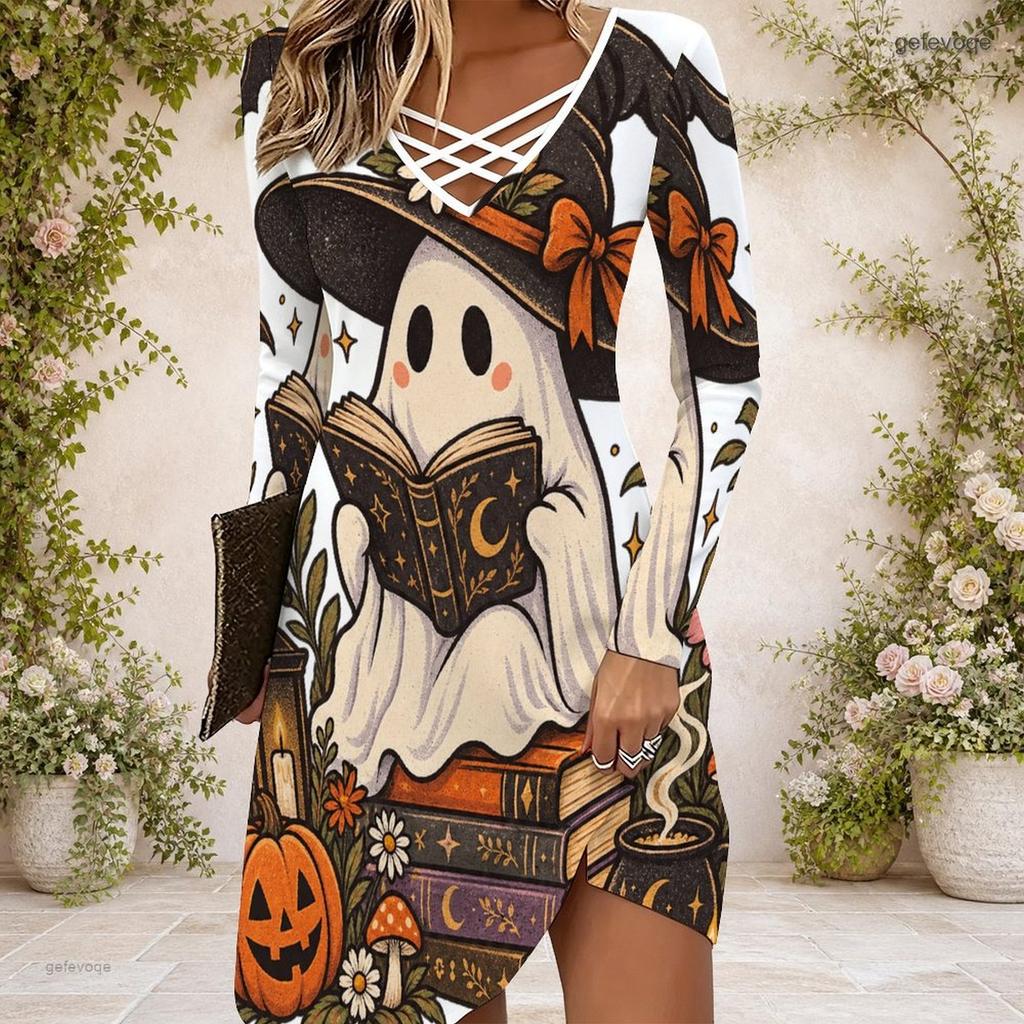 Women Criss Cross V Neck Long Sleeve Printed Dress Halloween Pumpkin Mushroom Fitted Curved Hem