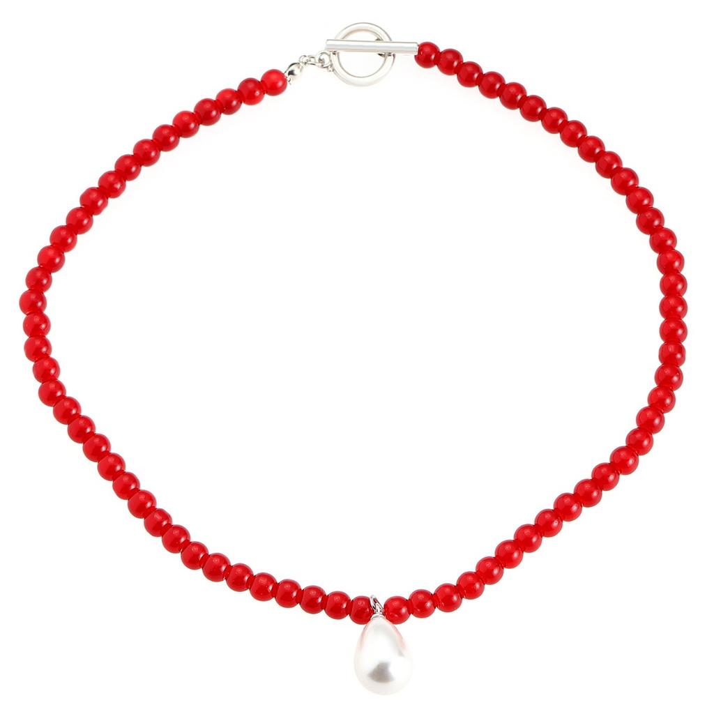 Red Beaded Choker Necklace Teardrop Pearl Pendant Necklace Elegant Short Necklace for Women