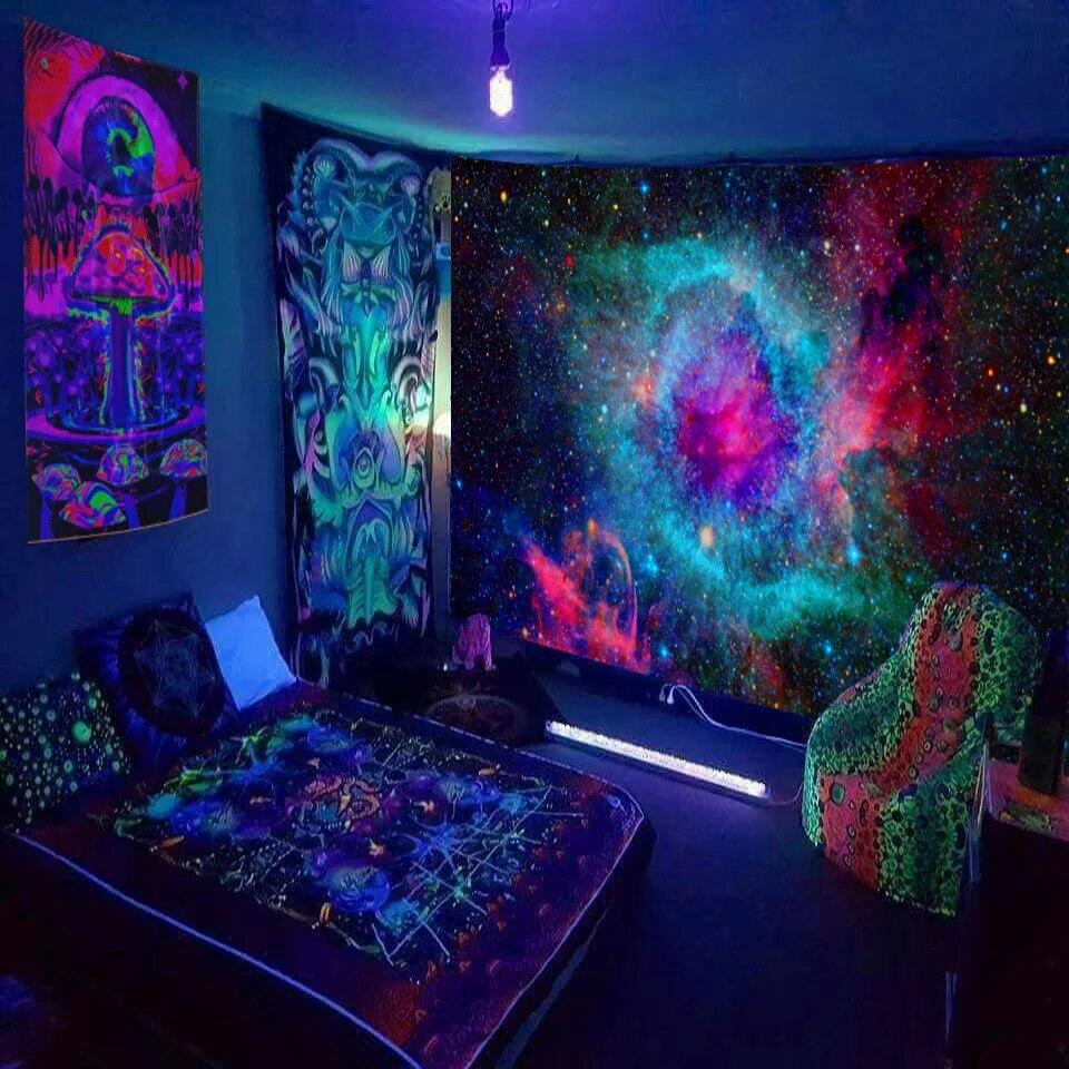 Mysterious Universe Starry Space Psychedelic Fluorescent Tapestry Wall Hanging  Trees and Stars Bedroom