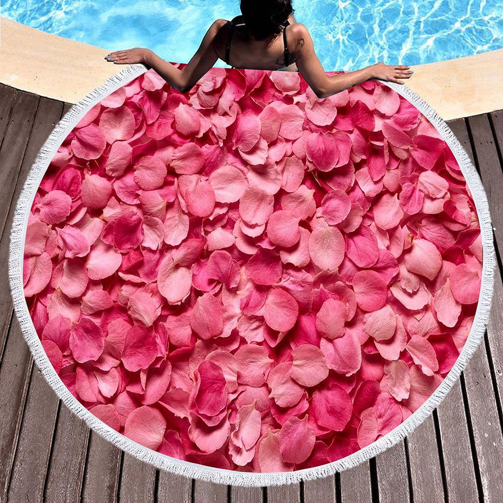 Floral Petal Print Round Beach Towel with Tassels Sand Free Quick Dry Circle Bath Towel Soft Absorbent Meditation Rug Yoga Mat