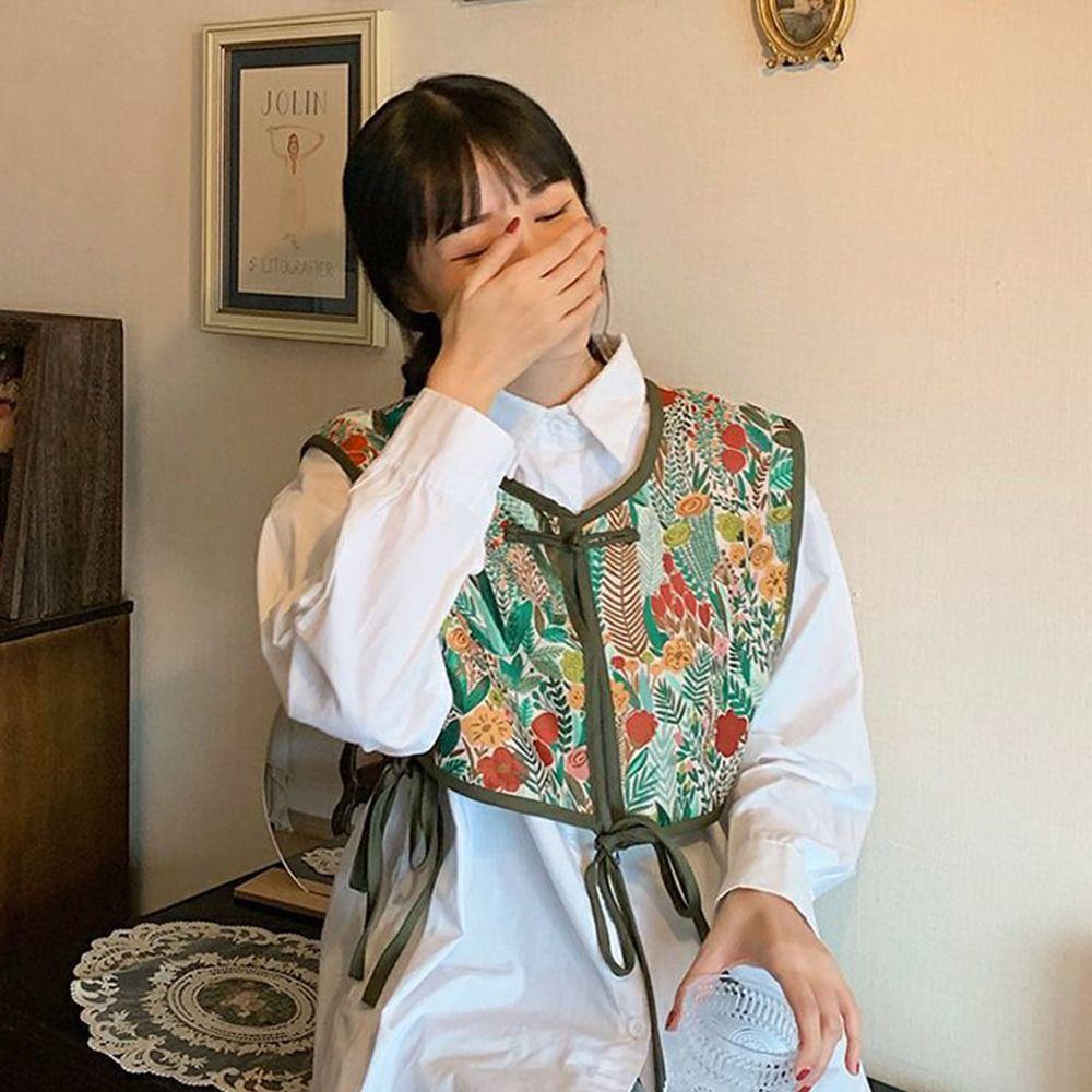 Floral Printed Fake Collar Capelet Random Pattern Lace Up Waistcoat Women Embroidered Vest Girls