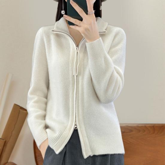 Women Knitted Sweater Coat High Collar Long Sleeve Double Zipper Placket