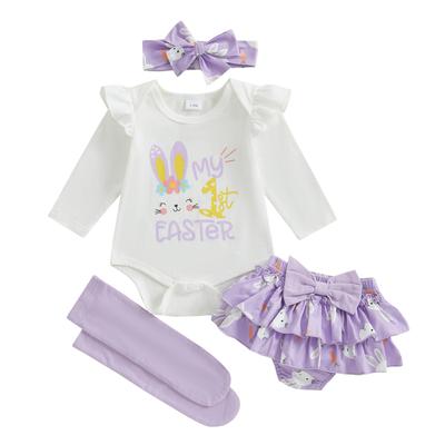 Baby Girl Easter Outfit Bunny Long Sleeve Romper Bow Layered Ruffle Shorts Tie-up Headband Socks Spring Clothes