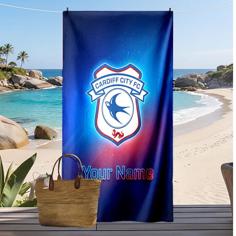 Cardiff City Personalized Printed Beach Towel Soccer Logo Support Custom Name Text Absorbent Towel For Sport Travel Special Gift