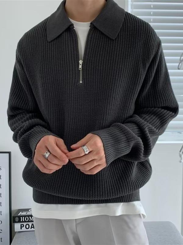 Men's Retro Half-Zip Turn-Down Collar Sweater, Autumn/Winter Style, Loose Casual Knitwear.