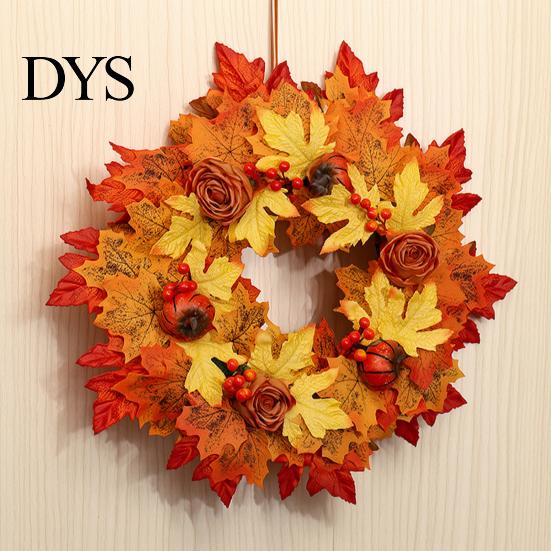 All Season Floral Decor Fall Sunflower Maple Leaf Wreath with Pumpkin Pinecone, Thanksgiving Harvest Artificial Wall Hanging Ornament Wreath,