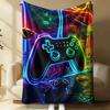 Cyberpunk Neon Gaming Controller Flannel Fleece Blanket, Digital Portal Gamer Throw, Electric Blue Matte Black Print Blanket for