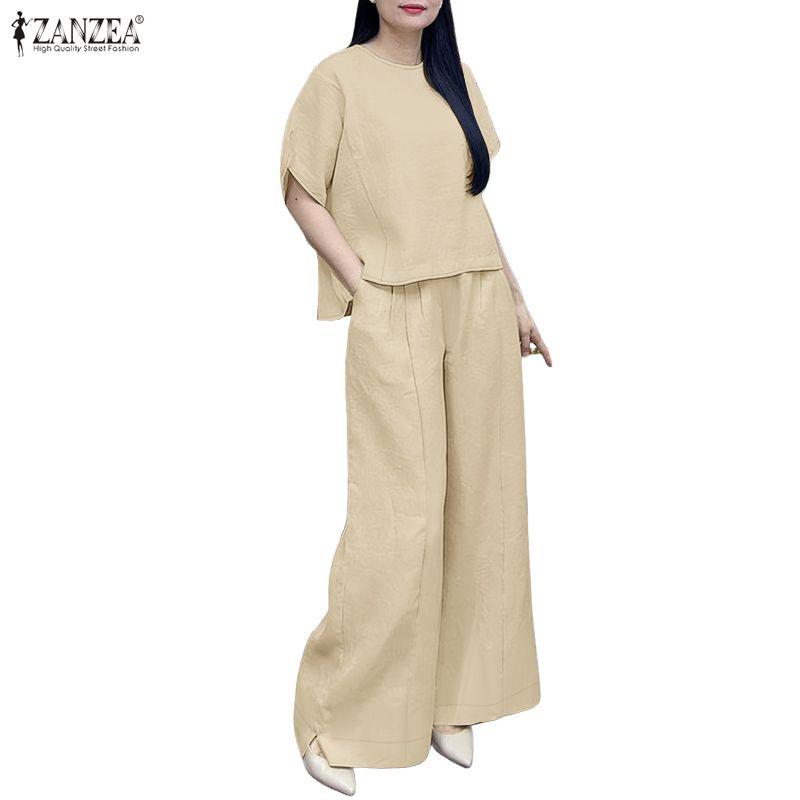 ZANZEA Women Short Sleeve Blouse and Pants Summer Two Piece Suit Sets