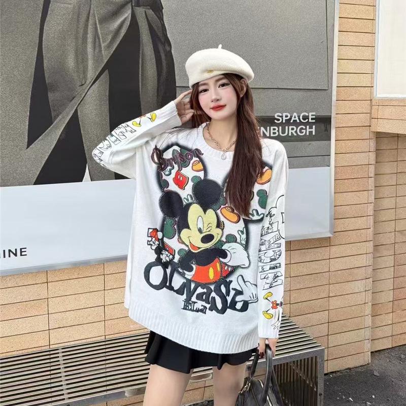Women's Cute Korean Cartoon Rhinestone Round Neck Sweater - Loose Fit, Long Sleeve Knitwear for Autumn/Winter