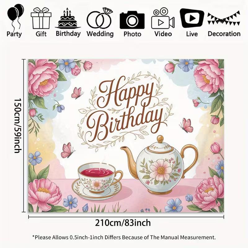 2D Flat Tea Party Happy Birthday Banner Floral Teacup & Butterfly Backdrop for Garden Tea Party