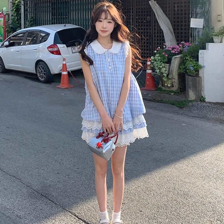 Japanese Sweet and Fresh College Style Plaid Lace Vest Splicing Dress Small Sleeveless Blue Plaid Skirt