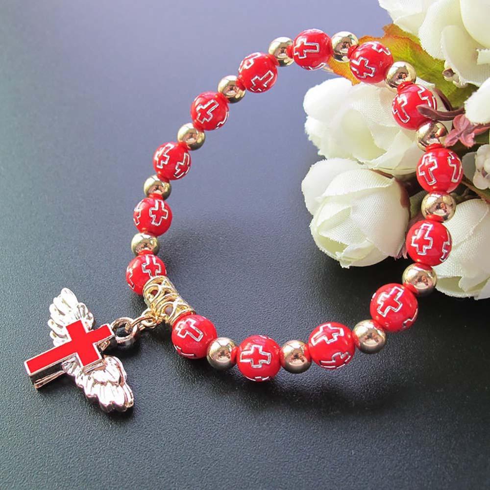 Nice Religious Stretch Bracelets Charm Angel Cross Rosary Beads Bracelet Catholic Pendant For Women Jewelry Fashion Jewelry красный