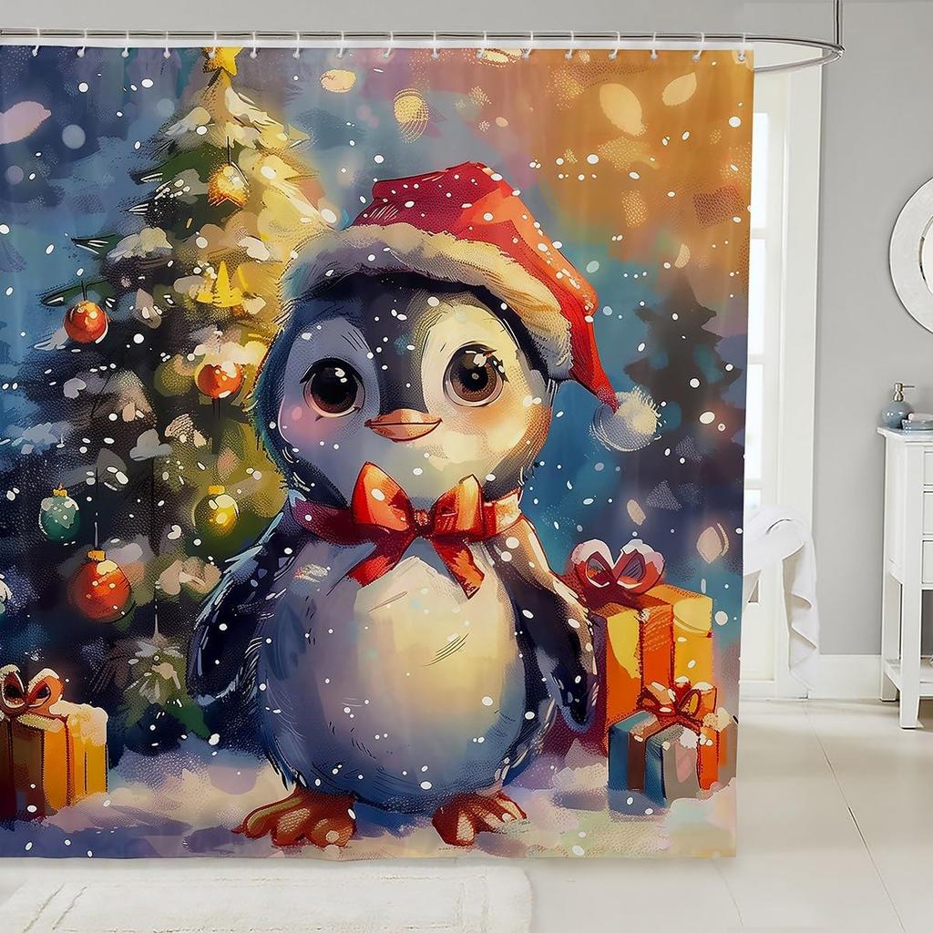 3DCute Cat Shower Curtain Christmas New Year Theme Bathroom Curtains for Kids Boys Girls Teens Lovely Kitty Decor Winter Holid