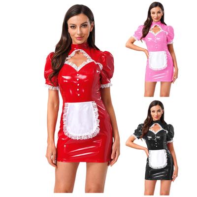 Női Szobalány Cosplay Jelmez S-XXL - Kivágott Csipke Szegélyű Fényes PU Bodycon Ruha Levehető Masnival Halloweenre