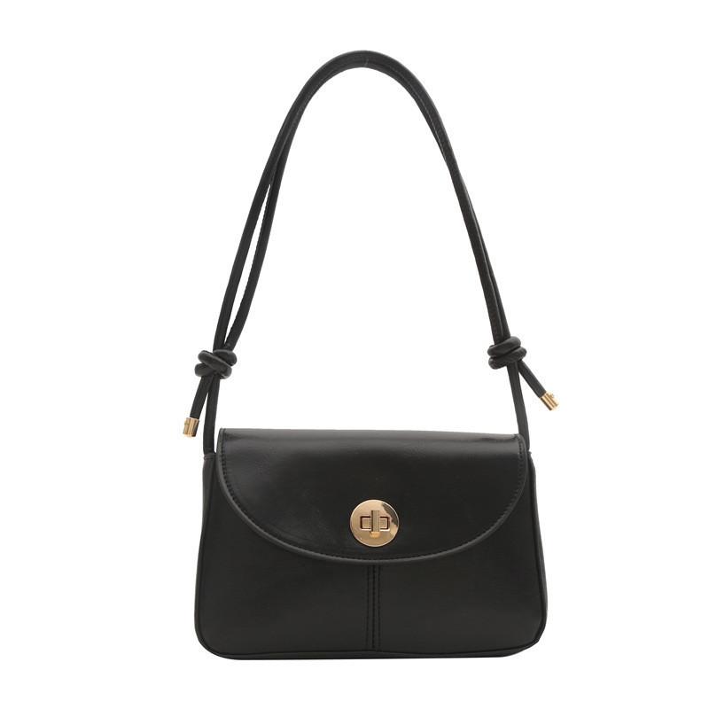 Chic Street Style Pu Material Small Square Bag With Stitching Details Medium Size Lock Closure Soft Shoulder Bag чёрный