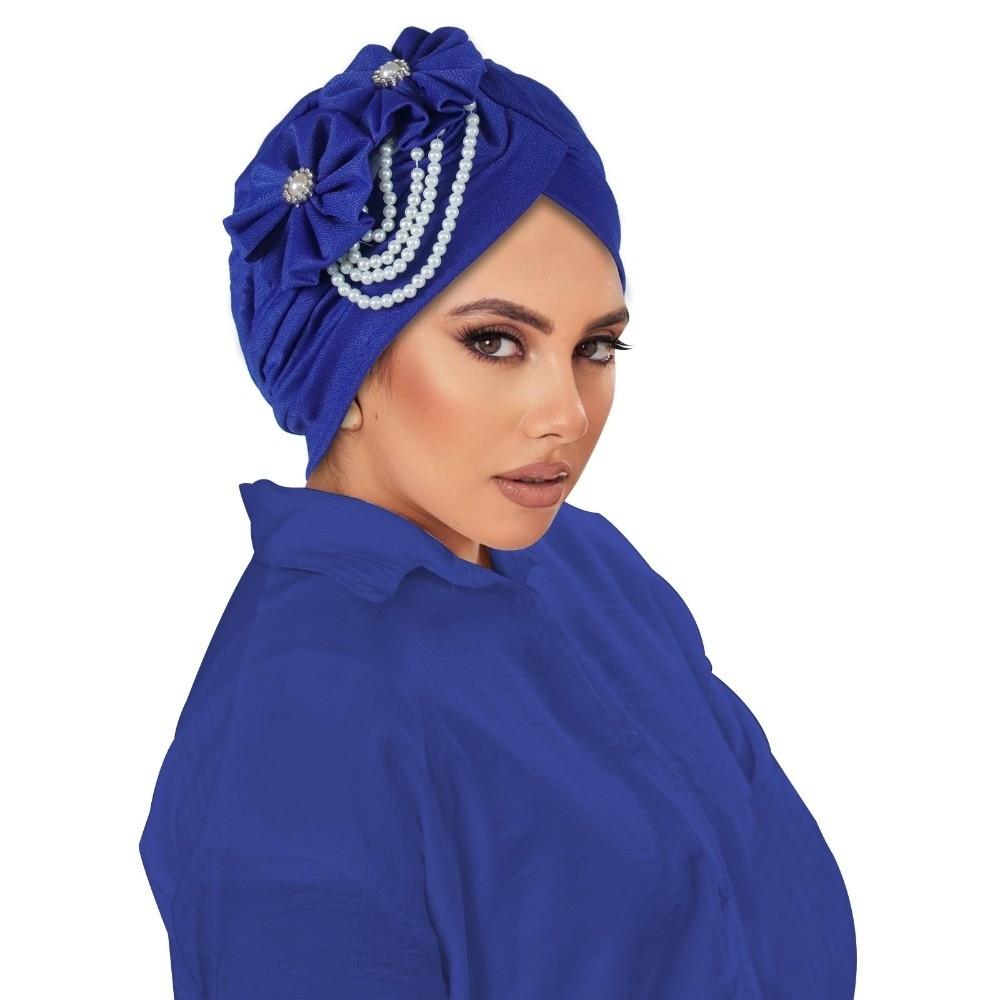 

Breathable Turban Cap Flower Design Headscarf Pleated Bonnets Women темно-синього кольору