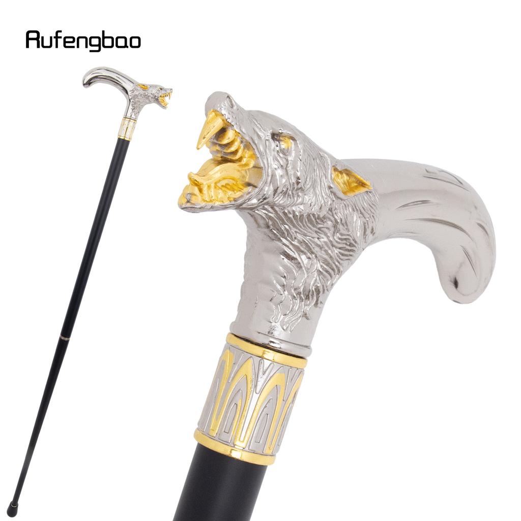 Canne de Marche Tête de Loup Blanc Doré Mordant Canne de Marche Décorative de Mode Gentleman Élégant Canne de Cosplay Pommeau Crosse 93cm
