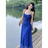 Travel and Vacation Wear Retro Blue Plaid Suspender Dress Design Sense Niche Waist Temperament Long Dress Summer