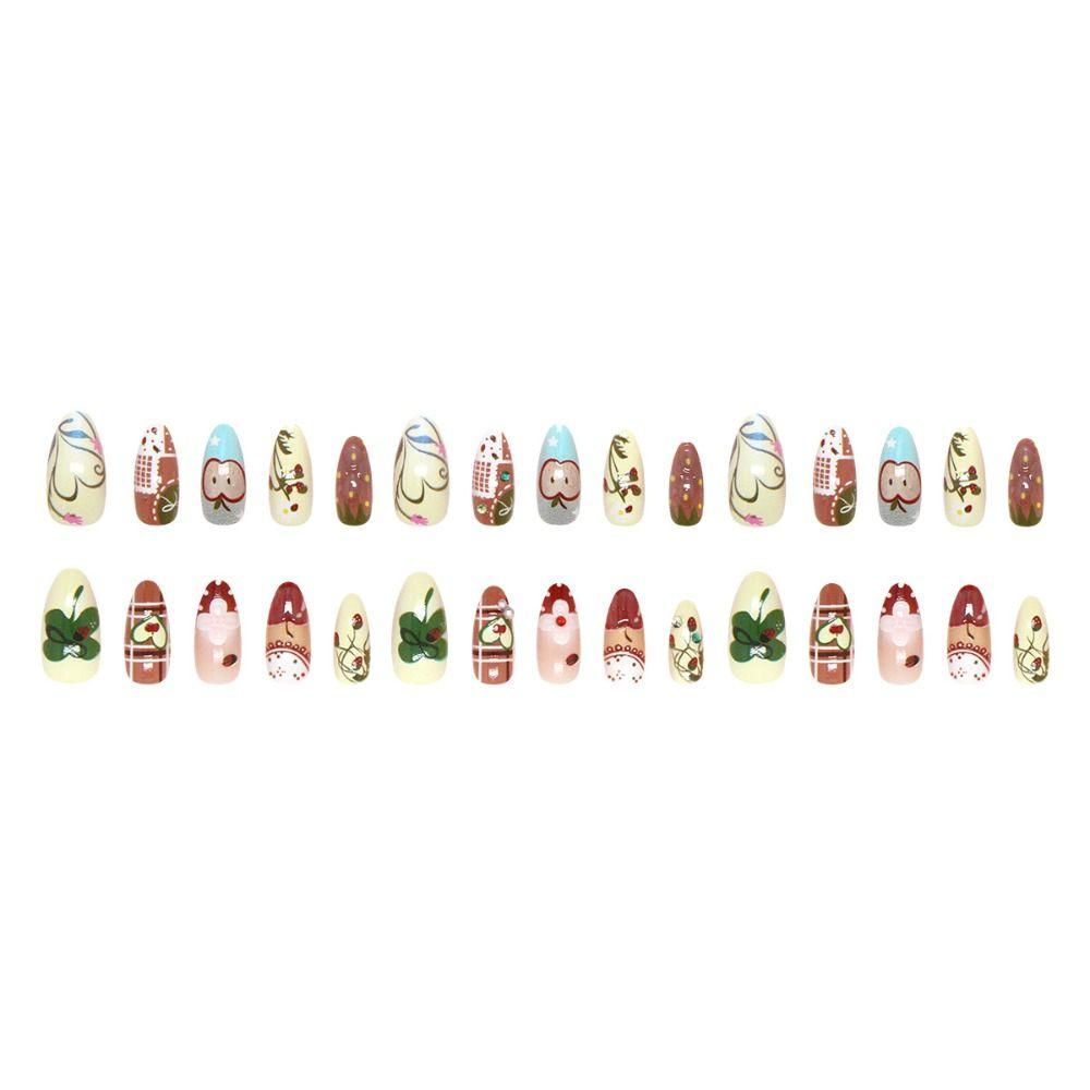 Long Almond Fake Nails Flowers Nail Tips Manicure Press On Nails Women