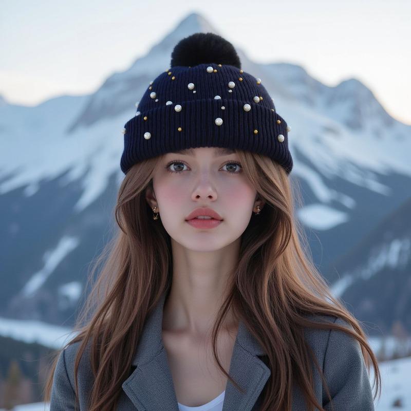 Fashion Winter Pearls Rhinestone Beading Rivet Knitted Mao Line Hat Women Thickened for Keep Warmth Fluffy Fur Ball Ear Protection Knitted Hat