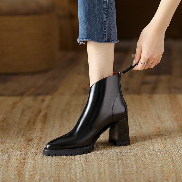 

Французские ретро ботильоны на толстом каблуке с острым носком для женщин - Мягкая кожа, Толстая подошва, Телесный высокий каблук, Короткое голенище, Осенний стиль. 39