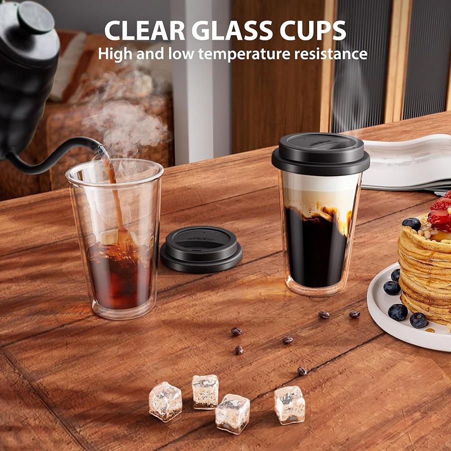 Tazze da Caffè in Vetro a Doppia Parete con Coperchi in Silicone 350ml/12oz Tazze da Caffè Riutilizzabili in Vetro Termoisolante per Bevande Calde/Fredde