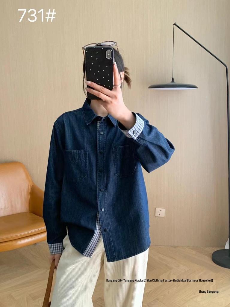 Autumn Plaid Patchwork Denim Shirt Jacket for Women - Fresh Retro Japanese Style