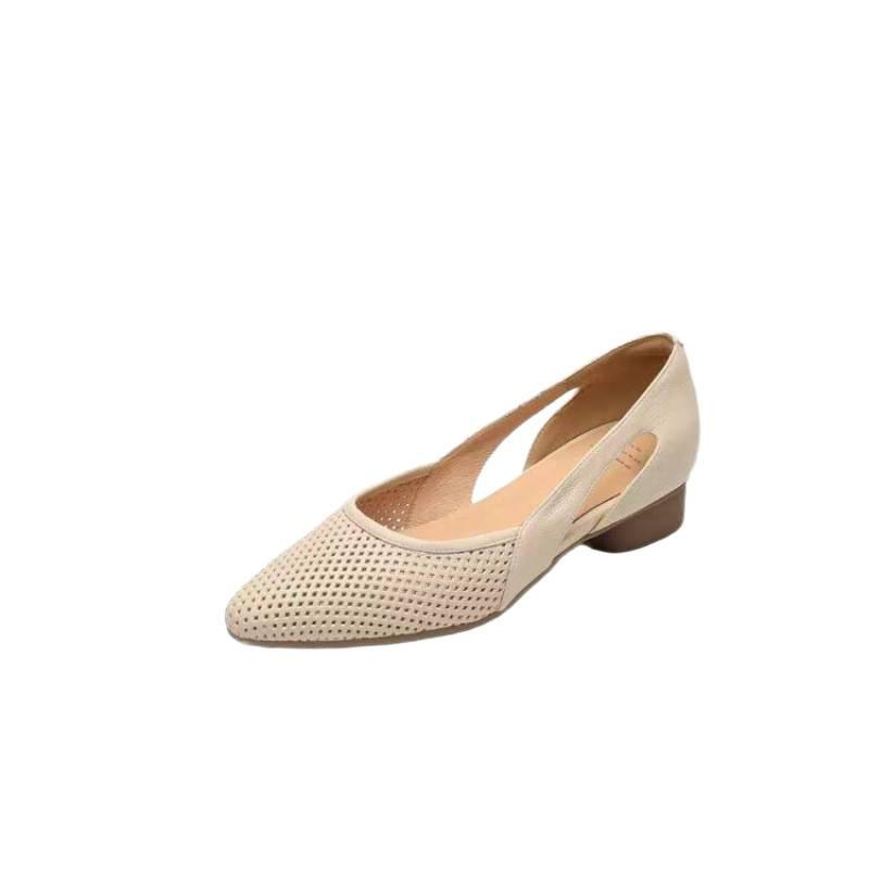 Foreign trade summer soft leather pointed hollow hole shoes women's fashion soft-soled sandals breathable thick heel low heel single shoes