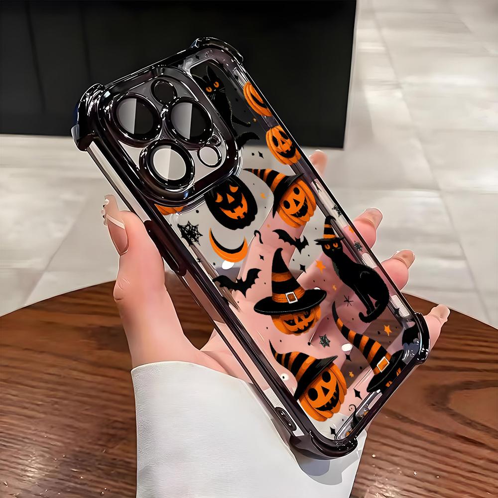 Halloween Black Cat Pumpkin Bat Pattern Phone Case For iPhone 17 16 15 14 13 12 11 Pro Max 15 16 Plus 17Air Airbag Plating Cover