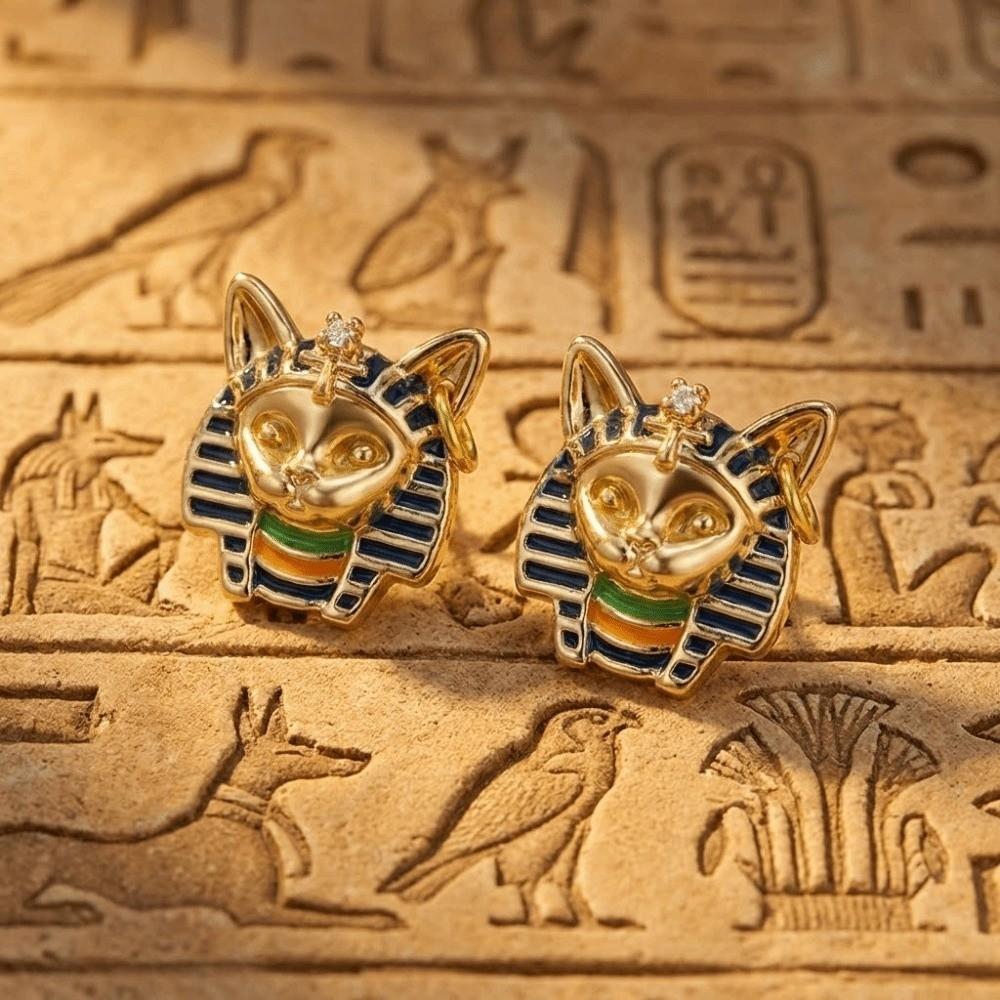 Enamel Egyptian Style Stud Earrings Unique Silver Ear Studs Fashionable Cat Pharaoh Earrings Girls