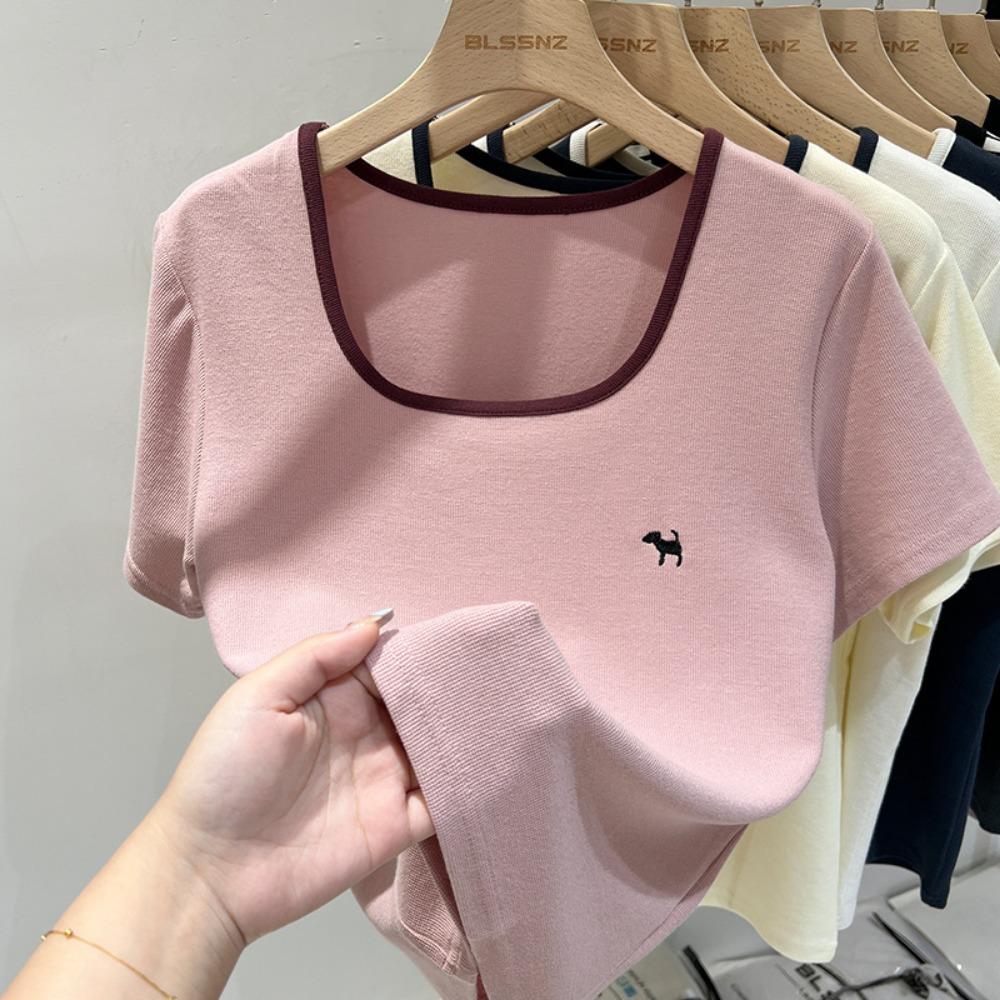 White Puppy Embroidered Cotton Square Collar Short Sleeve T-shirt Women's Summer Loose Top