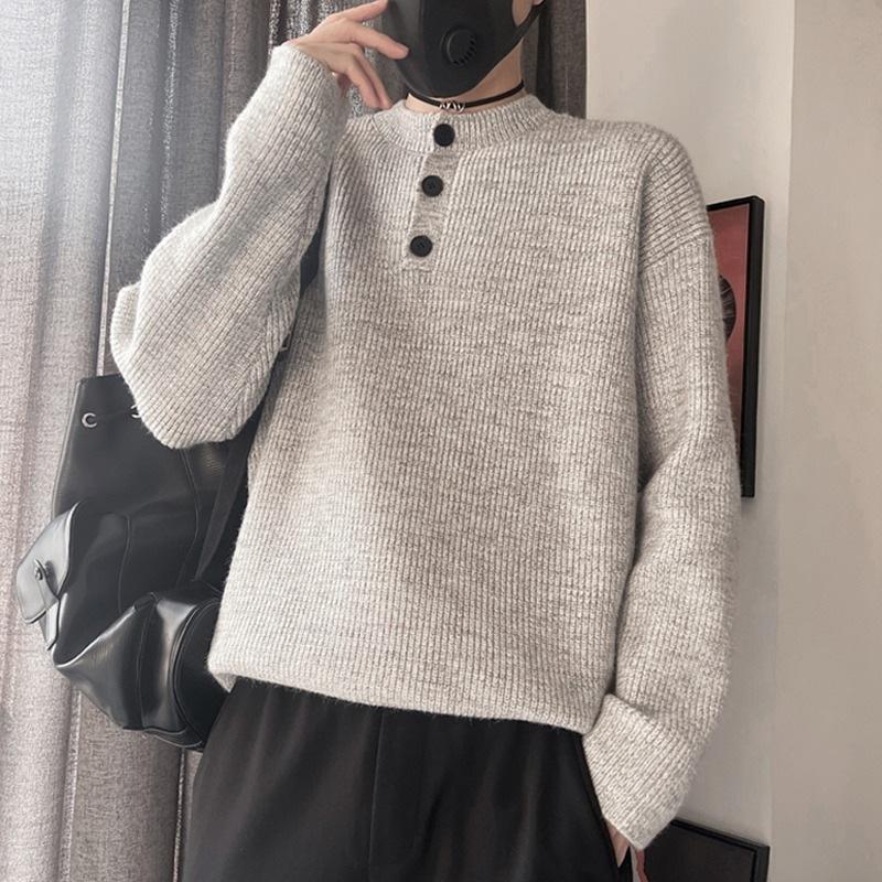Grey American Retro Henley Neck Men S Knit Sweater Winter Lazy Cleanfit