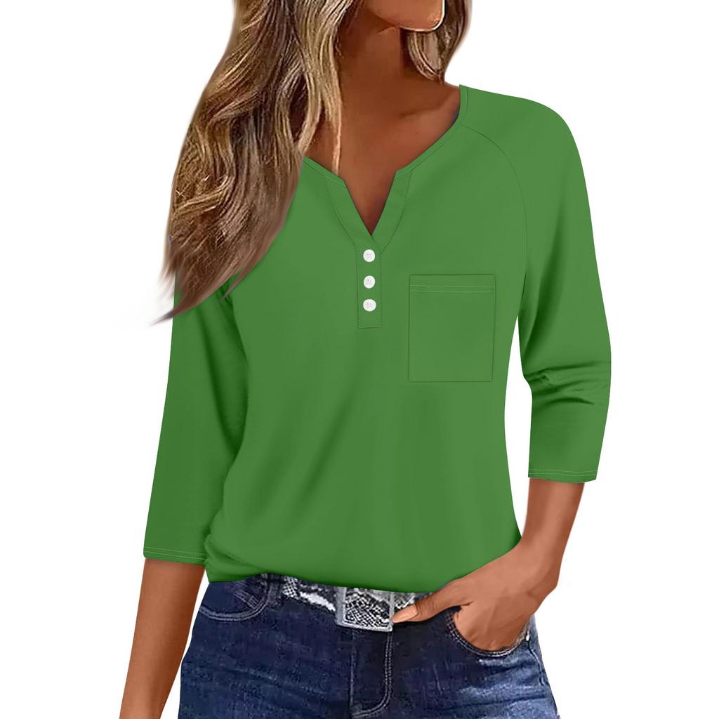 Ladies Casual Fashion V-neck Loose Versatile Color Printed Three-quarter Sleeves