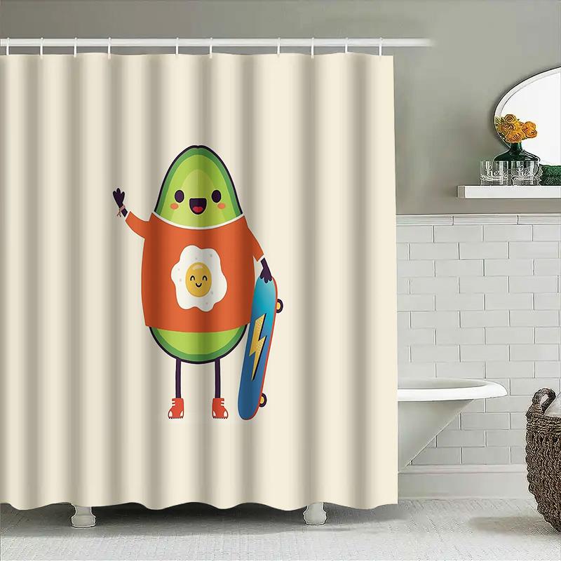 Cute Avocado Skateboard Shower Curtain Hippie Surfer Teen Room Decor Set Waterproof Wall Art Vintage Aesthetic Home Decor