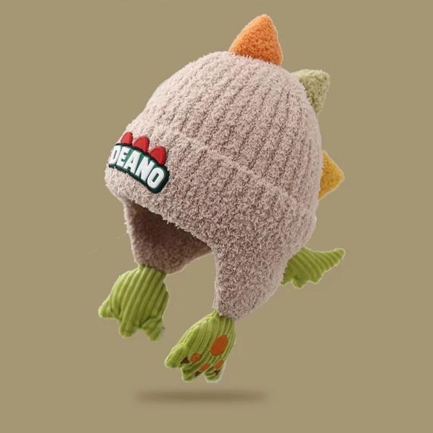Winter Kids' Thickened Ear-Warming Windproof Fleece-Lined Beanie Cute 3D Dinosaur Knit Beanie