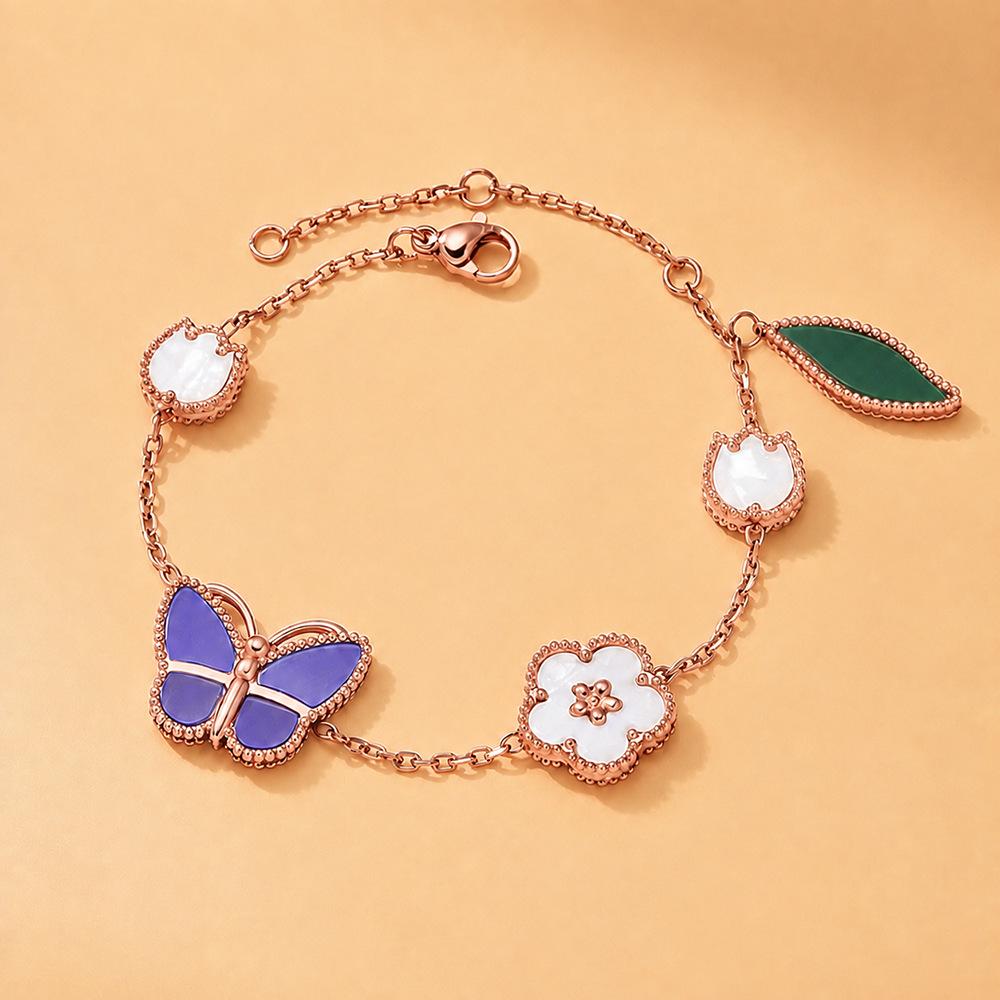 Premium Four-Leaf Clover & Five-Flower Bracelet for Women - White Mother-of-Pearl & Red Shell, Real Gold Plated, Non-Fading, 15mm