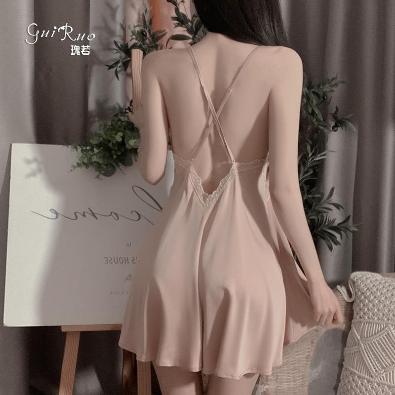 Sexy Cross Backless Deep V Seduction Lace Splicing Satin Nightdress Robe Women's Home Suit