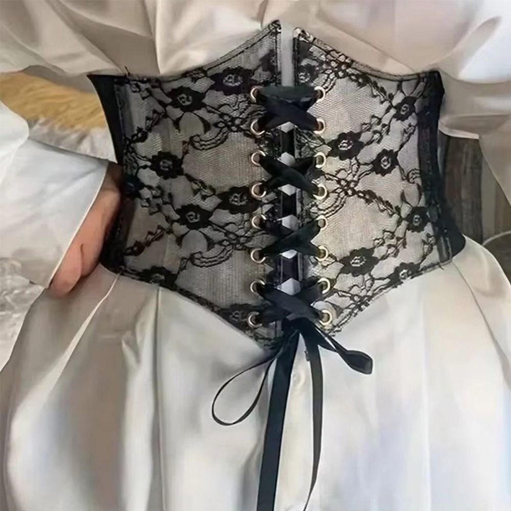 Retro Lace Waist Belt High Elasticity Slimming Body Women's Wide Belts External Wear Lace-up Corset Belt