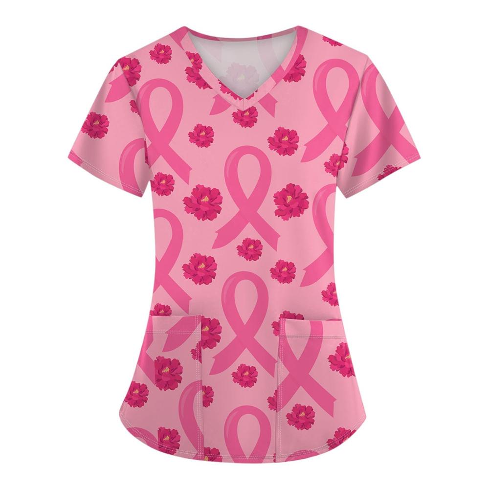 Surgical Uniforms Woman Heart Printed V-Neck Nurses Tops Short Sleeve Patch Pocket Medical Uniforms Surgical Uniforms Nursing