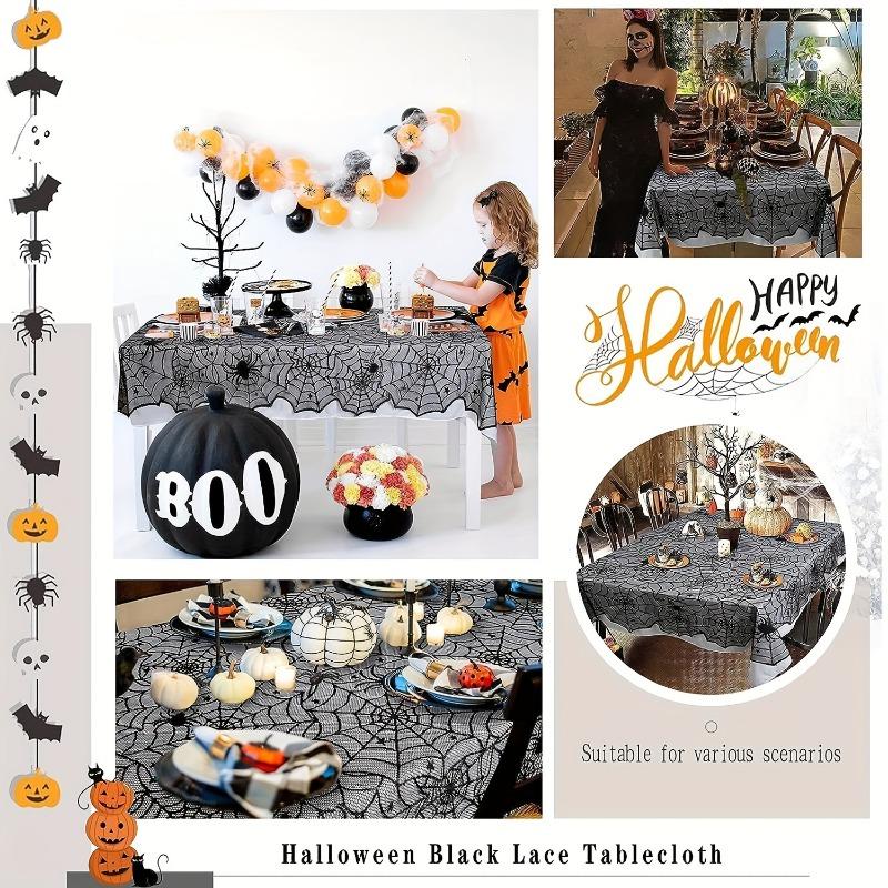 Halloween Spiderweb Tablecloth Black Lace Cobweb Decor with Spiders for Fireplace Mantle Kitchen Party Table Decorations