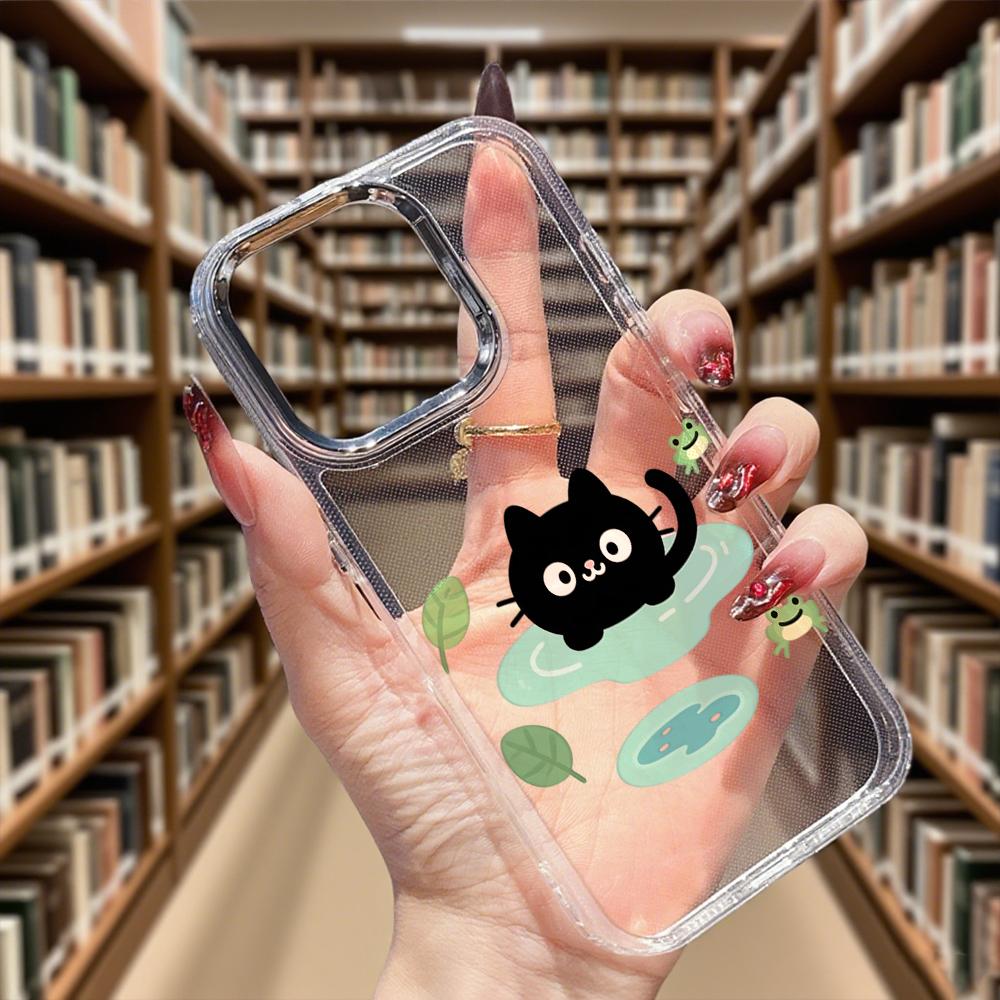 Black Cat In Puddle with Frogs Transparent Phone Case for IPhone 14 15 16 13 12 11 Pro Max 12 XS Max Anti-Scratch Soft Cover
